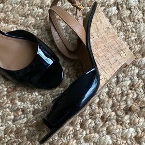 Tory Burch Patent Leather and Cork Ankle Strap Wedge. Size 7.5